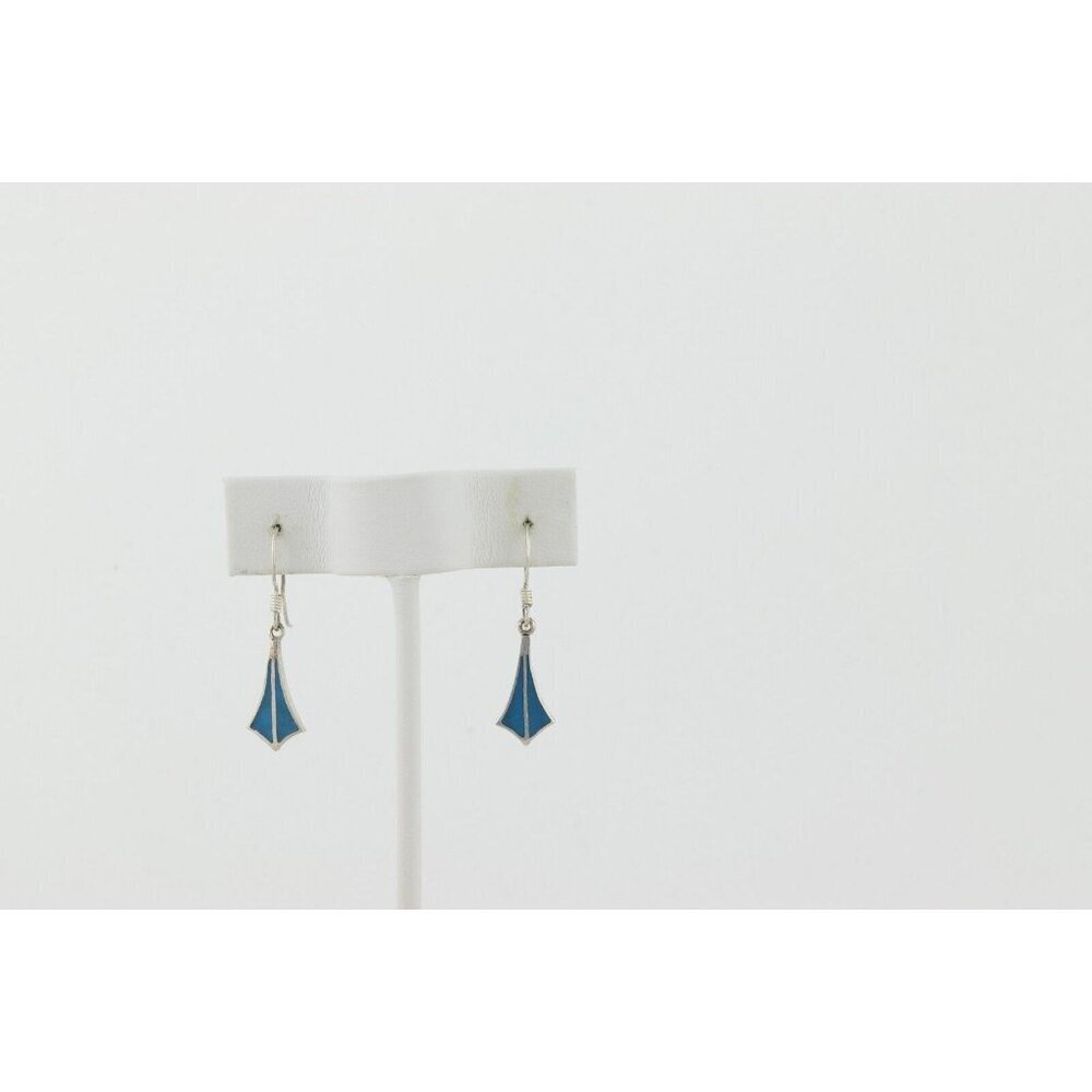 Sterling Silver Inlay Turquoise Earrings Dangle Drop 1 1/4" x 1/4" - Picture 8 of 8